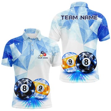 Maxcorners Crystal 8 Ball 9 Ball Pool Jersey For Men Custom Geometric Diamond Blue Billiard Polo 1/4-Zip Shirt LM2709