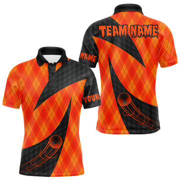 Maxcorners Halloween Golf Polo Shirt Custom Orange Argyle Pattern Black Golf Shirts For Men Golf Gifts