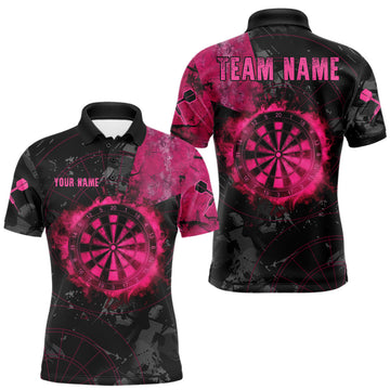 Maxcorners Black And Pink Smoking Dartboard Men Dart Polo 1/4-Zip Shirt Custom Grunge Dart Team Attire LM1005