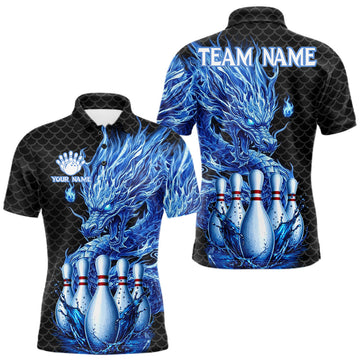 Maxcorners Black And Blue Bowling Dragon Polo Quarter Zip Shirts For Men Custom Splatter Team Bowling Jerseys