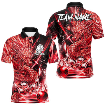 Maxcorners Thunder Lightning Red Bowling Dragon Polo 1/4-Zip Shirts For Men Custom Funny Team Bowling Jerseys