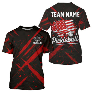 Maxcorners Custom Red Grunge Patriotic Pickleball T-Shirt For Men Outfits US Flag Pickleball Jersey LM1109