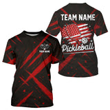 Maxcorners Custom Red Grunge Patriotic Pickleball T-Shirt For Men Outfits US Flag Pickleball Jersey LM1109