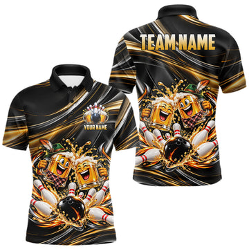 Maxcorners Gold Strikes Beer Mugs Bowling Polo 1/4-Zip For Men Custom Funny Bowling Beer Team Jersey Lover Gifts