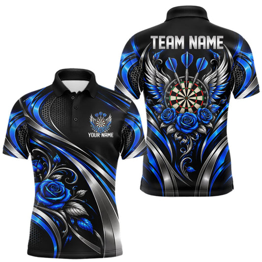 Maxcorners Wings Dartboard Polo 1/4-Zip Shirt For Men Personalized Silver Blue Roses Darts Tournament Jersey LM1910