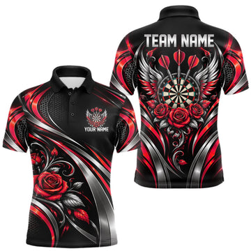 Maxcorners Wings Dartboard Polo 1/4-Zip Shirt For Men Personalized Silver Red Roses Darts Tournament Jersey LM1910