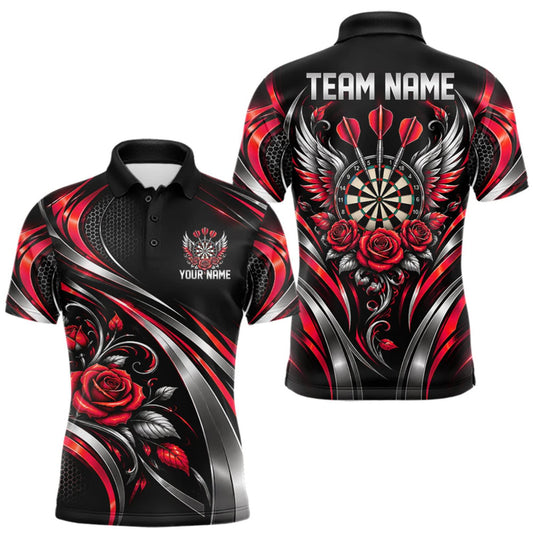 Maxcorners Wings Dartboard Polo 1/4-Zip Shirt For Men Personalized Silver Red Roses Darts Tournament Jersey LM1910