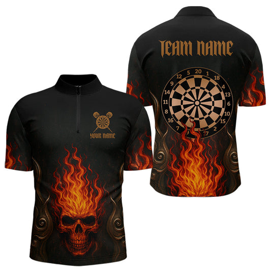 Maxcorners Flame Skull & Dartboard Custom Darts Quarter-Zip Shirt For Men - Darts Team Jersey LM1307