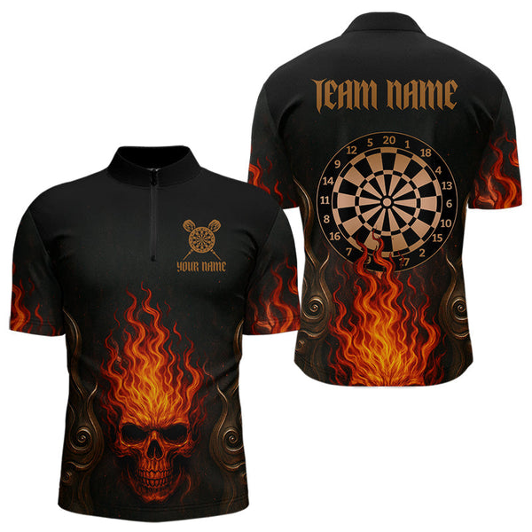 Maxcorners Flame Skull & Dartboard Custom Darts Quarter-Zip Shirt For Men - Darts Team Jersey LM1307