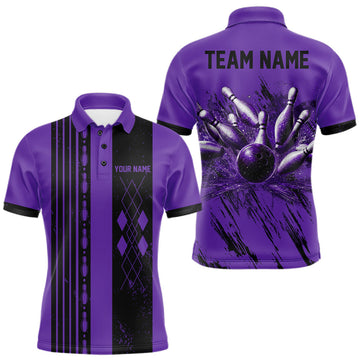 Maxcorners Retro Purple Argyle Grunge Bowling Shirt For Men Custom Team Bowling Tournament Outfits LM1307