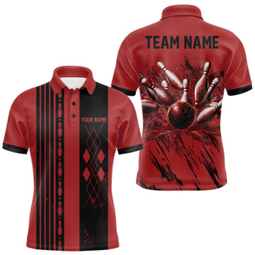 Maxcorners Retro Red Argyle Grunge Bowling Shirt For Men Custom Team Bowling Tournament Outfits LM1307