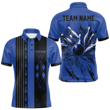 Maxcorners Retro Blue Argyle Grunge Bowling Shirt For Men Custom Team Bowling Tournament Outfits LM1307