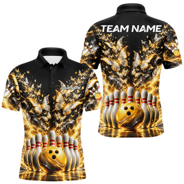 Maxcorners Custom Glowing Butterflies Bowling Polo For Men Silver & Gold Smoke Bowling Team Jersey Apparel