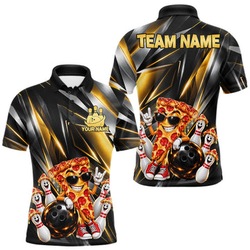 Maxcorners Funny Bowling Polo 1/4-Zip Shirt For Men Custom Rock-On Pizza Bowling Team Jersey Funny Bowler Shirt