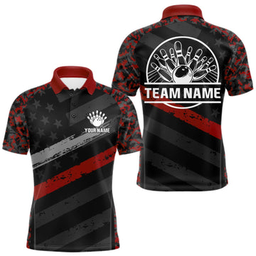 Maxcorners Black And Red Digital Camo Bowling Shirt For Men Custom USA Flag Patriot Bowling Team Shirt LM1508
