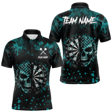 Maxcorners Teal Splatter Skull Darts Polo Quarter Zip Shirt For Men Custom Smoke Skull Dart Team Dart Jersey LM1508