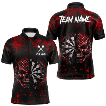 Maxcorners Red Splatter Skull Darts Polo Quarter Zip Shirt For Men Custom Smoke Skull Dart Team Dart Jersey LM1508