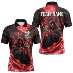 Maxcorners Custom Red Grim Reaper Fire Flames Dart Men Polo Jerseys Outfits Skull Dart Shirt LM1610
