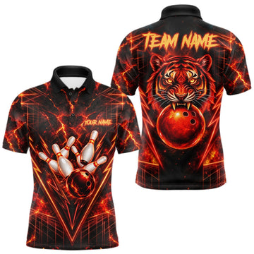Maxcorners Fire Flame Tiger Bowling Shirt For Women Personalized Red Fiery Tiger Bowling Polo 1/4-Zip Team Jersey LM2709