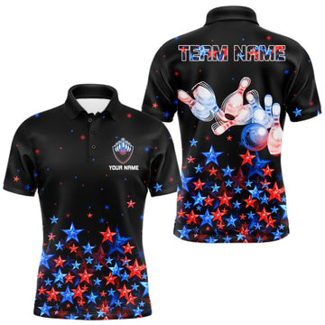 Maxcorners Personalized Women Bowling Shirt Red & Blue Star Bowling Ball & Pins Team Bowling Jersey For Men Bowler LM2709