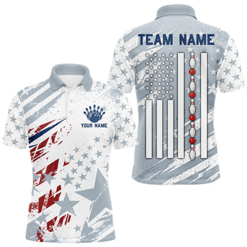 Maxcorners US Flag Patriotic Bowling Polo 1/4-Zip Shirt For Men Custom White & Grey Bowling Tournament Jersey