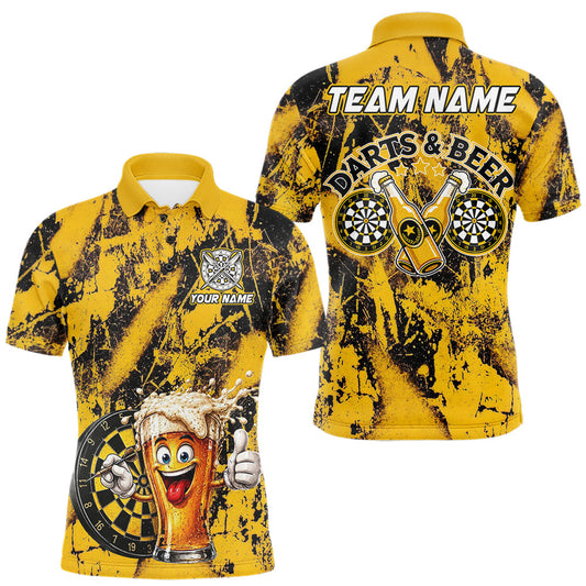 Maxcorners Yellow Grunge Funy Beer Darts Polo & 1/4 Zip For Men Personalized Grunge Dart Team Shirts LM1705