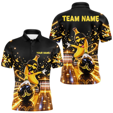 Maxcorners Funny Banana Bowling Polo Quarter-Zip Shirt For Men Custom Yellow Light Bowling Tournament Jersey