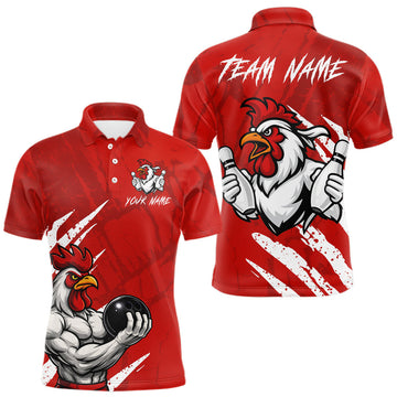 Maxcorners Custom White And Red Funny Rooster Bowling Polo & 1/4-Zip Team Shirts For Men Bowling Gifts LM2602