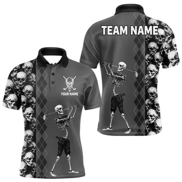 Maxcorners Grey Skeleton Mens Golf Polos Shirts Custom Name Golf Skull Shirts For Men, Personalized Golf Gifts