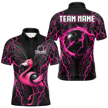 Maxcorners Funny Flamingo Tribal Bowling Team Jersey Custom Pink Thunder Lightning Mens Bowling Polo 1/4-Zip Shirt