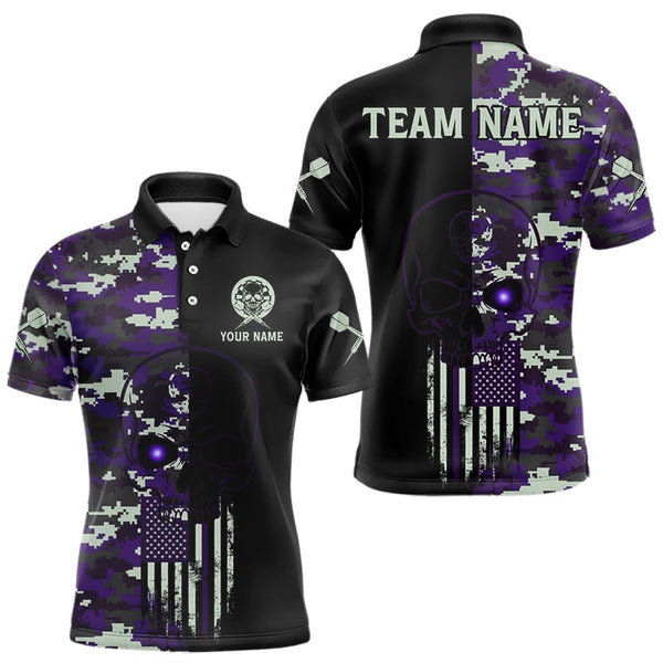 Maxcorners Black And Purple US Flag Digital Camo Skull Custom Men Darts Polo Shirt Dart Gifts TU1711