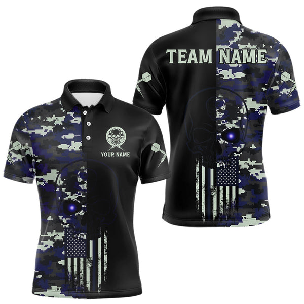 Maxcorners Black And Blue US Flag Digital Camo Skull Custom Men Darts Polo Shirt Dart Gifts TU1711