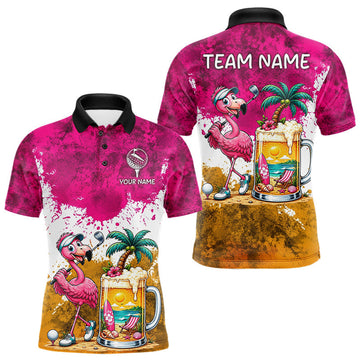 Maxcorners Yellow - Pink Grunge Mens Golf Polo Shirt Custom Flamingo Summer Tropical Golf Team Clothing LM1705