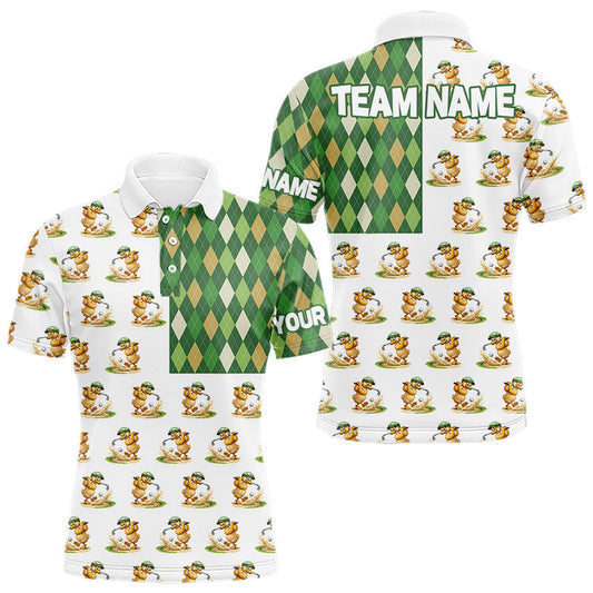 Maxcorners Funny Duck Polo Shirt Mens Golf Polo Shirts Custom Green Argyle Pattern Duck Golf Shirts