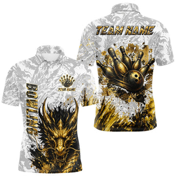 Maxcorners Splatter Black & Gold Bowling Polo & 1/4-Zip Shirt For Men Custom Gray Dragon Bowling Team Jersey LM1705