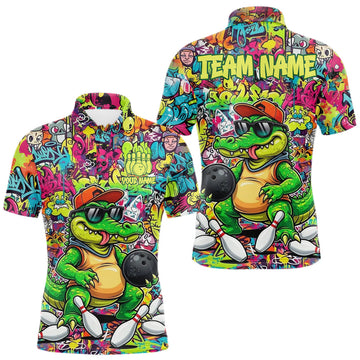 Maxcorners Funny Cool Crocodile Mens Bowling Shirts Custom Green Graffiti Team Bowling Jersey For Bowlers LM1705