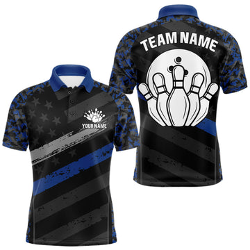 Maxcorners Custom Grey & Blue American Flag Men Bowling Shirts Camo Bowling Team Jerseys Bowling League LM2607