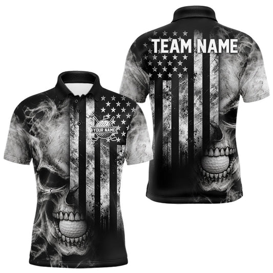 Maxcorners Skull Golf Polo Shirt For Men Personalized US Flag Golf Jersey Patriotic Smoke Skull Golf Apparel