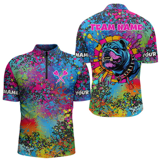 Maxcorners Custom Colorful Bulldog Funny Dart Shirts Polo & 1/4 Zip For Men, Dart Jerseys LM233