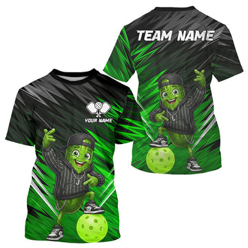 Maxcorners Custom Green And Black Pickle Funny Pickleball T-Shirts For Men Pickle Hip-hop Pickleball Shirts LM2607