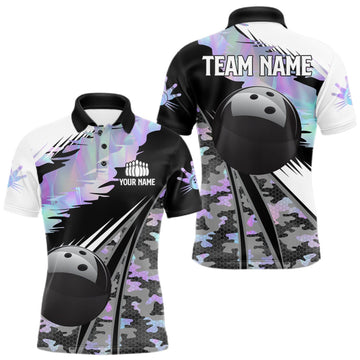 Maxcorners Mens Bowling Polo Quarter-Zip Shirts Custom Black Ball Holographic Camo Bowling Team Jersey, Gift For Bowlers LM0409