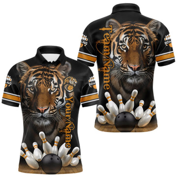 Maxcorners Tiger Bowling Polo Quarter-Zip Shirts For Men Custom Bowling League Shirt Bowling Team Jerseys LM0409