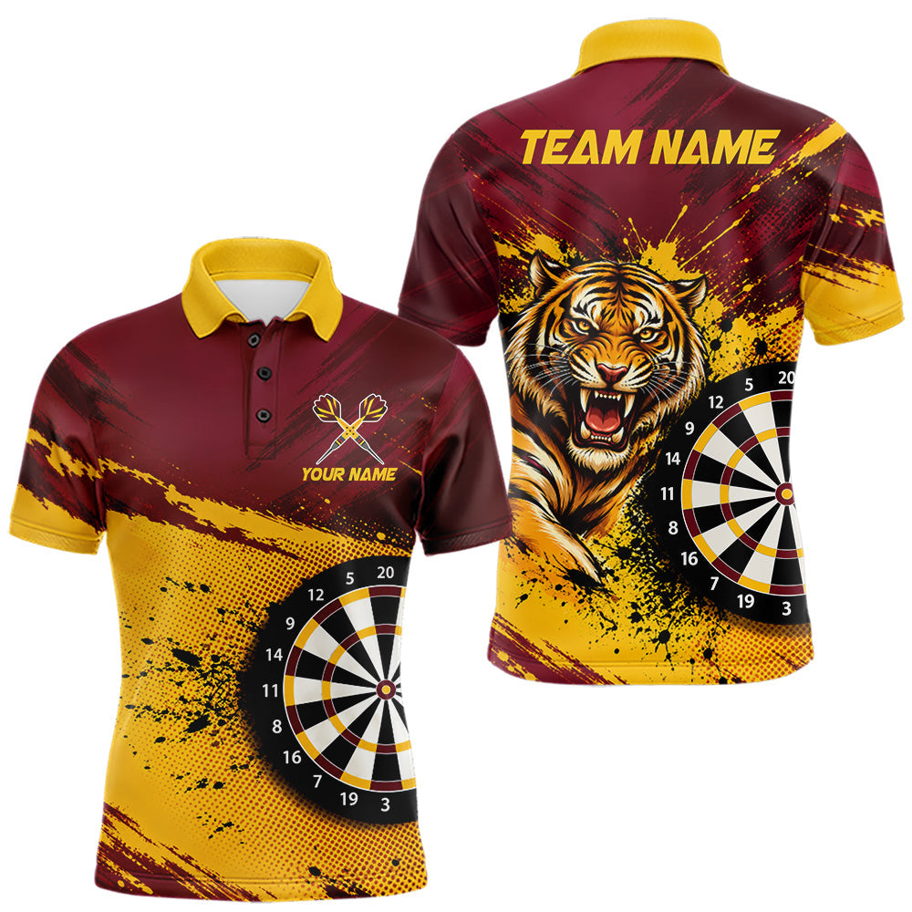 Maxcorners Tiger Splatter Darts Polo 1/4 Zip Shirt For Men Custom Maroon & Yellow Darts Jersey Darts Team Gift