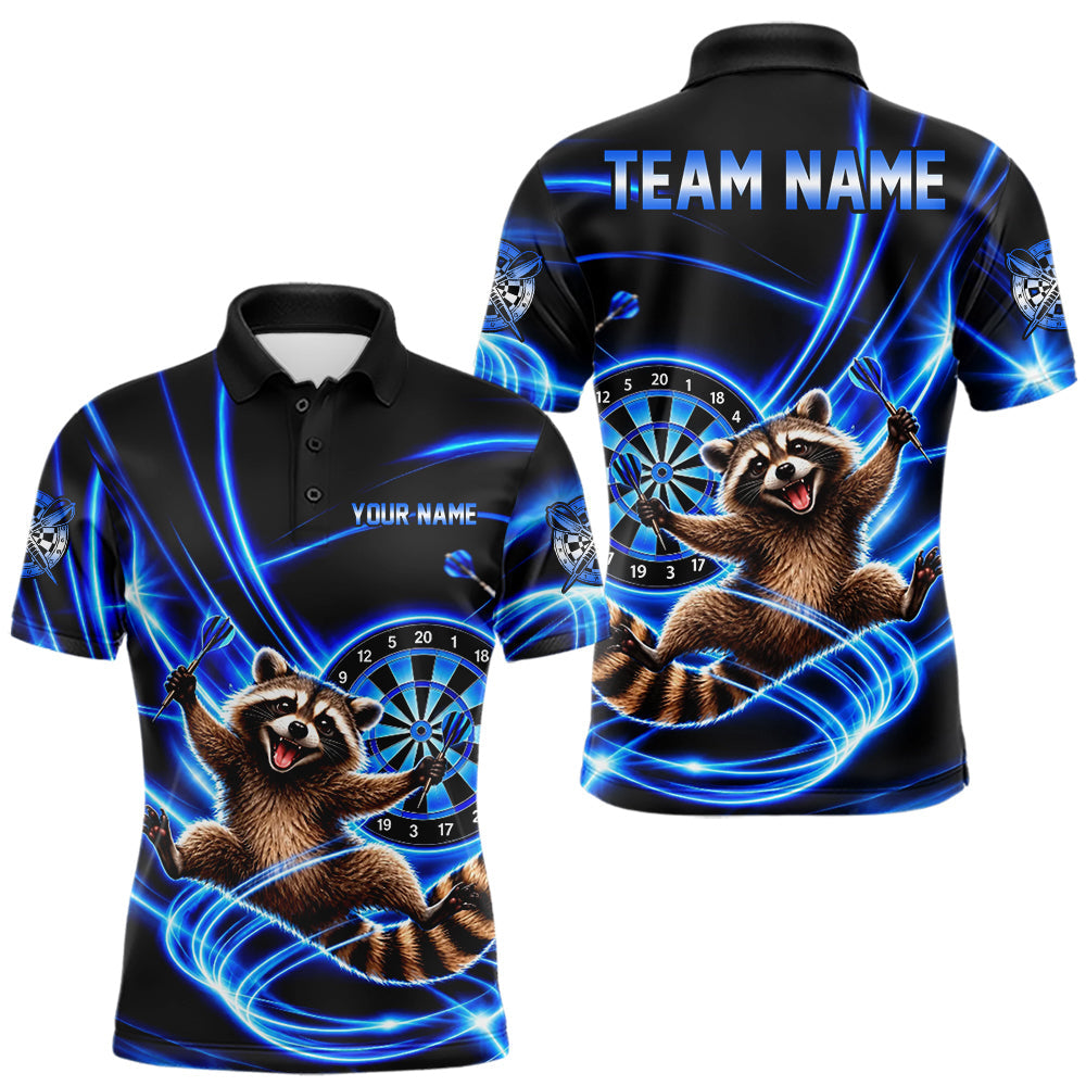 Maxcorners Funny Cute Raccoon Darts Polo 1/4-Zip Shirt Custom Blue Neon Glow Darts Apparel Gift For Men