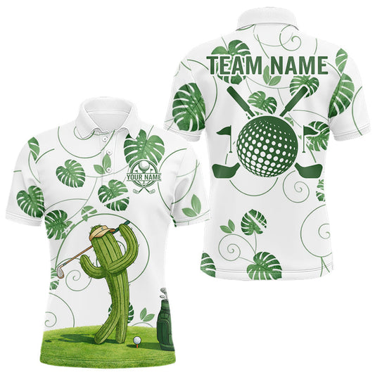 Maxcorners Mens Green Monstera Pattern Golf Clothing Custom Cactus Golfer Funny Mens Golf Polo Shirt LM2603