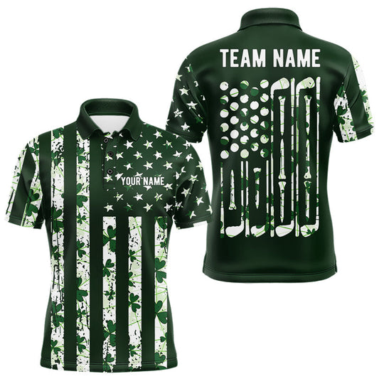 Maxcorners Custom American Flag Green Shamrock Mens Golf Polo Shirt St Patrick Golf Team Shirt