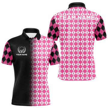Maxcorners Custom Black & Pink Ribbon Argyle Pattern Golf Polo Shirt For Men Breast Cancer Golf Team Shirt