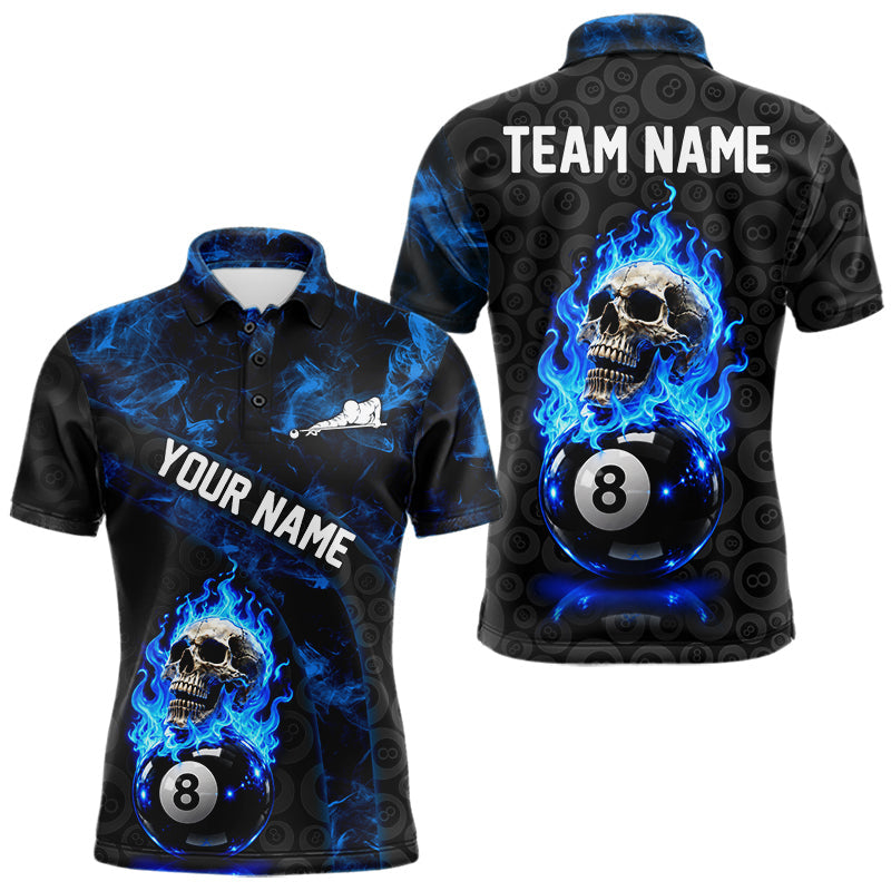 Maxcorners Blue Flaming Skull 8 Ball Pool Billiard Team Shirt For Men Custom Flame Billiard Ball & Cue Gifts
