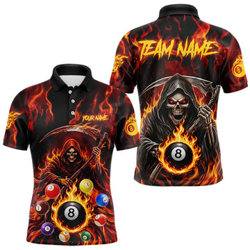 Maxcorners Grim Reaper 8 Ball Billiard Shirt For Men Custom Red Flames 8 Ball Pool Billiard Team Attire LM2704