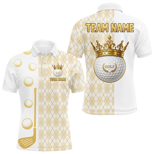 Maxcorners Crown Golf Ball Mens Golf Polo Shirts Custom White And Gold Argyle Pattern Golf Team Attire